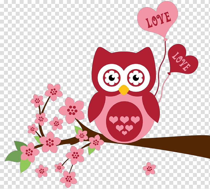 Cherry blossom, Owl, Branch, Pink, Heart, Plant, Bird transparent background PNG clipart