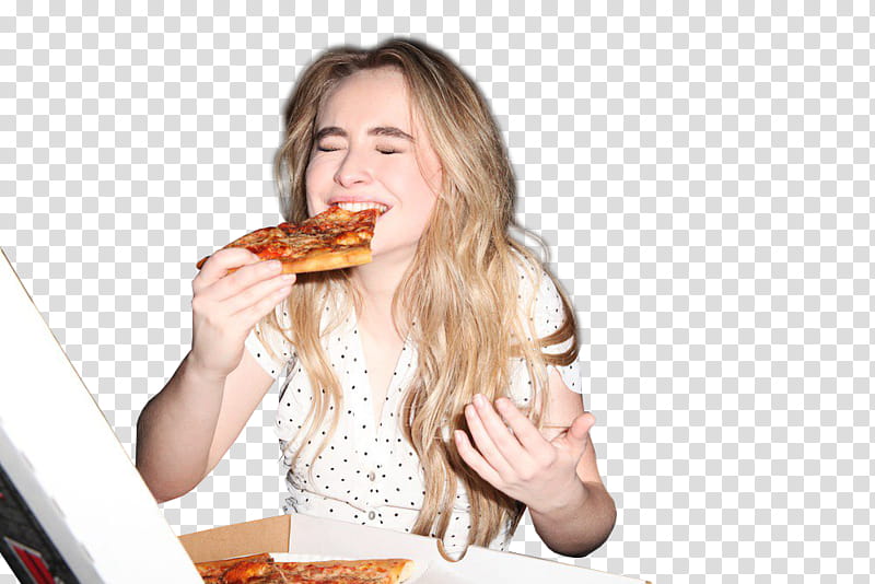 Sabrina Carpenter , woman eating pizza transparent background PNG clipart