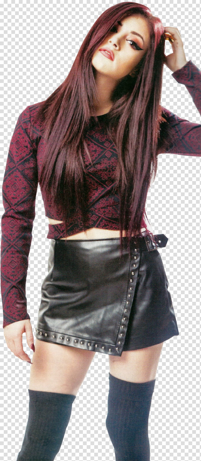 CHRISSY COSTANZA, woman in maroon and black long-sleeved top and black leather skirt transparent background PNG clipart