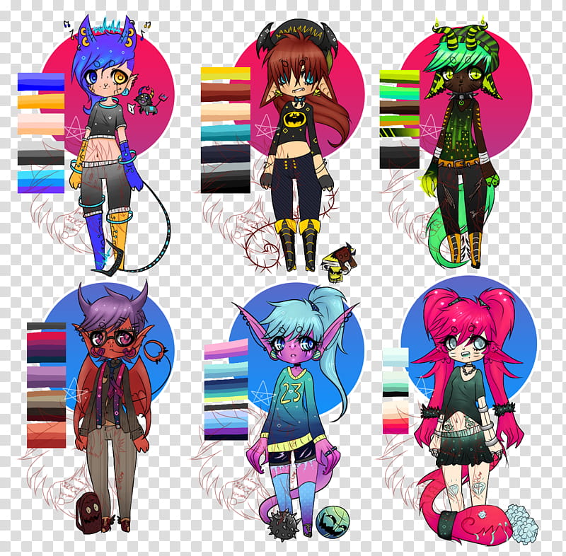 School Demon Collab CLOSED, six assorted-color haired girls illustration transparent background PNG clipart