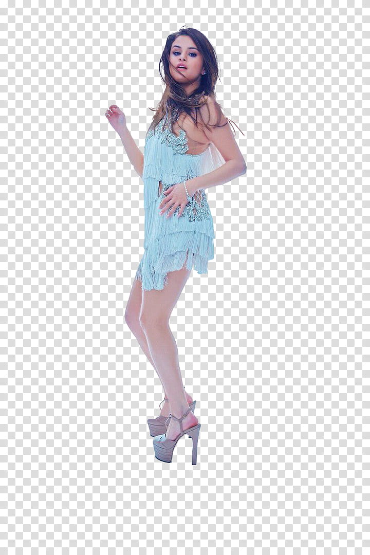 SELENA GOMEZ, dancing woman in teal frilly mini dress transparent background PNG clipart