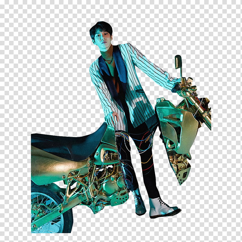 NCT NCTmentary, man wearing black and white striped coat and black jeans sitting on motorcycle transparent background PNG clipart