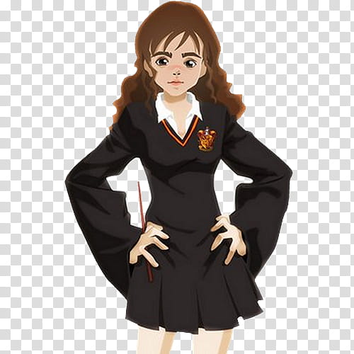 Harry Potter, long brown curly hair girl on black long-sleeved dress transparent background PNG clipart