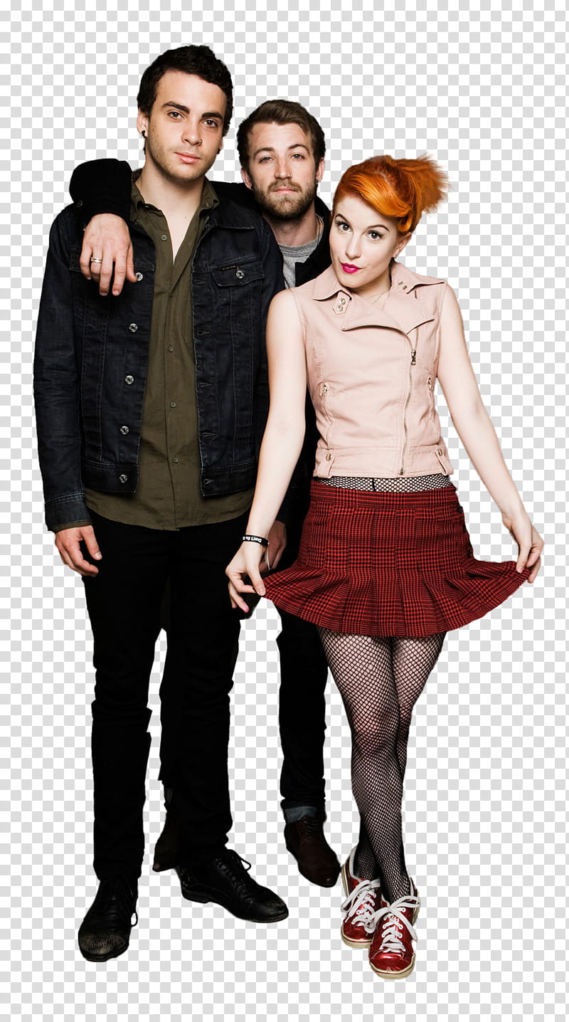 paramore s, two men standing near woman wearing pink sleeveless top and red skirt transparent background PNG clipart