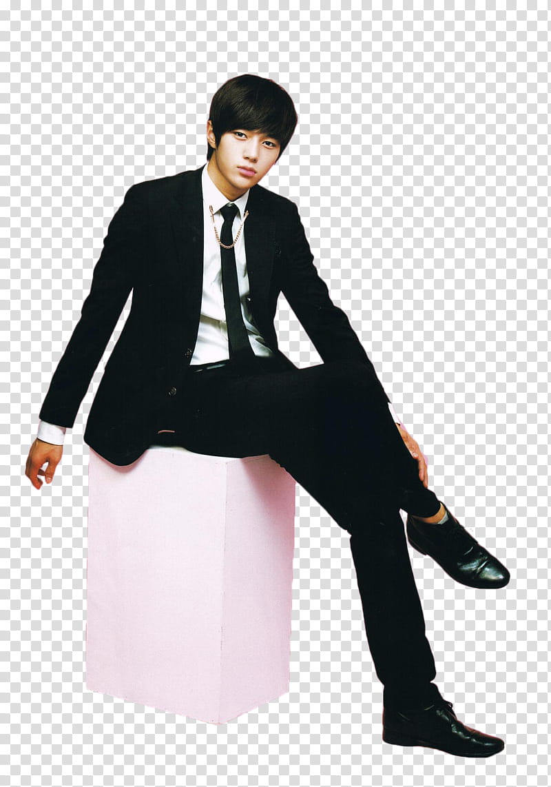 Myungsoo, man wearing black suit sitting on pink stool transparent background PNG clipart