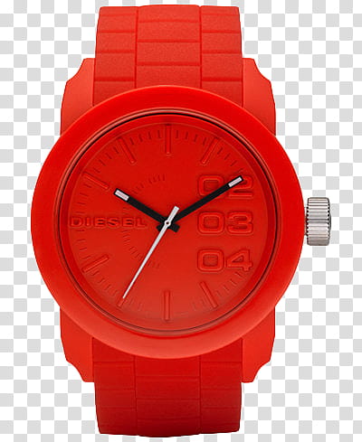 RENDERS Red Things Thanks for the  Watchers, round red Diesel analog watch with link band transparent background PNG clipart