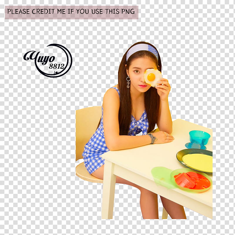 RED VELVET POWER UP, woman sitting on chair and holding fried egg transparent background PNG clipart