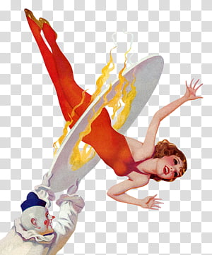 woman jumping in burning circle hold by clown transparent background PNG clipart thumbnail