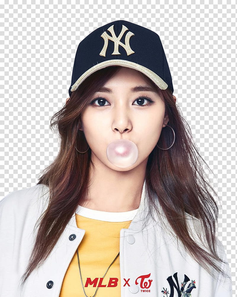 TWICE Tzuyu MLB , woman making bubble gum with blue NY cap transparent background PNG clipart