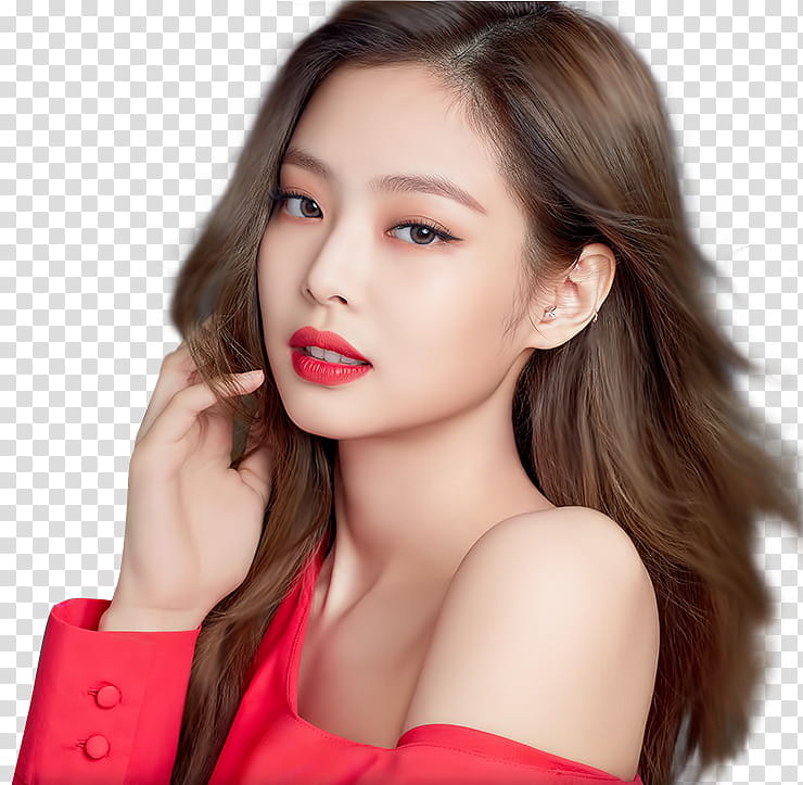 BLACKPINK x OLENS, woman wearing red shirt touching her hair transparent background PNG clipart
