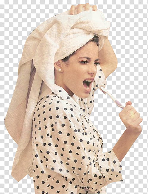 Martina Stoessel, woman in white and black polka dot shirt holding toothbrush transparent background PNG clipart