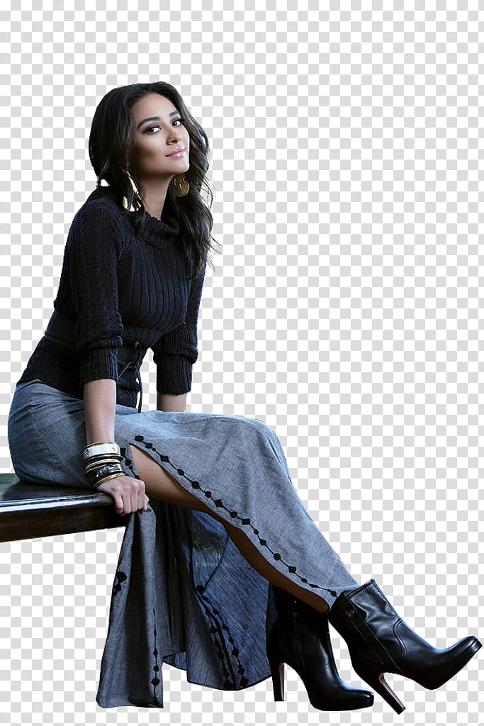 woman wearing black long-sleeved top and blue denim skirt transparent background PNG clipart