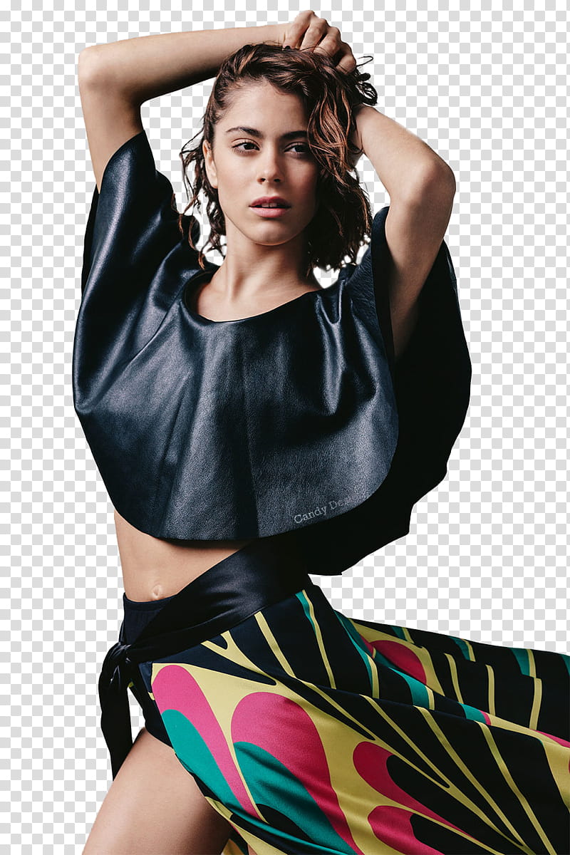 Tini Stoessel, woman wearing black top and multicolored skirt with hands on hair transparent background PNG clipart