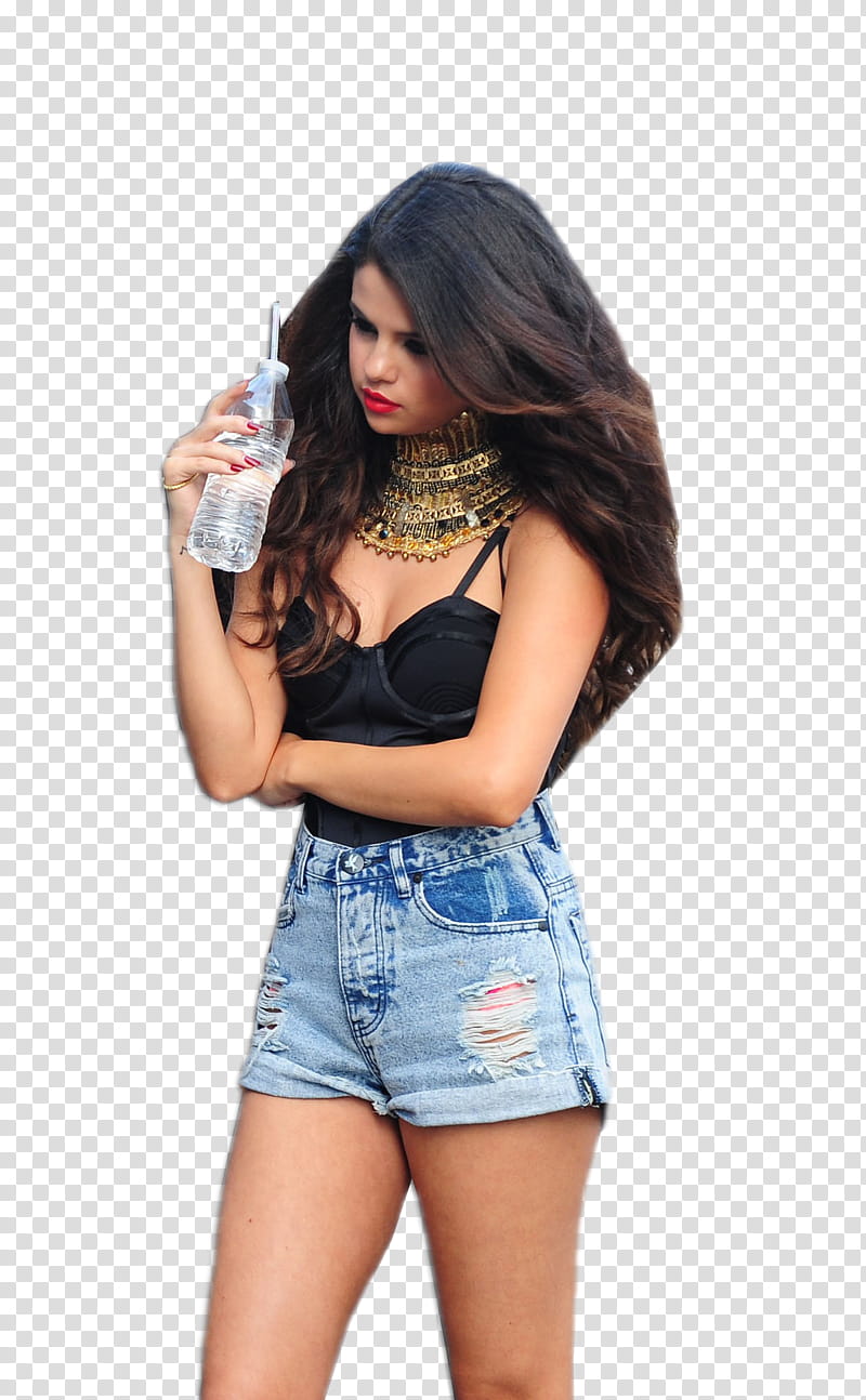 Selena Gomez , woman in black spaghetti strap top holding water bottle transparent background PNG clipart