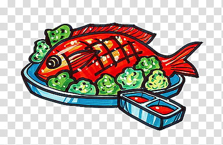 COLORFUL FOOD PICS, red fish in blue plate illustration transparent background PNG clipart