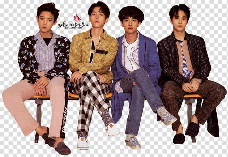 EXO  Season Greetings, four men sitting on bench transparent background PNG clipart