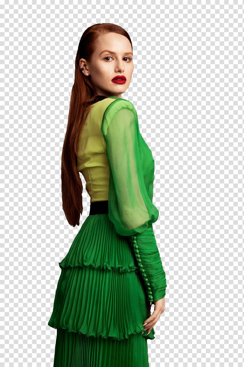 MADELAINE PETSCH, woman in green and yellow long-sleeved dress transparent background PNG clipart