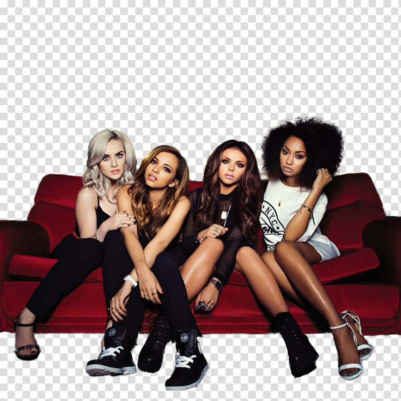 Little Mix , four women sitting on red sofa transparent background PNG clipart