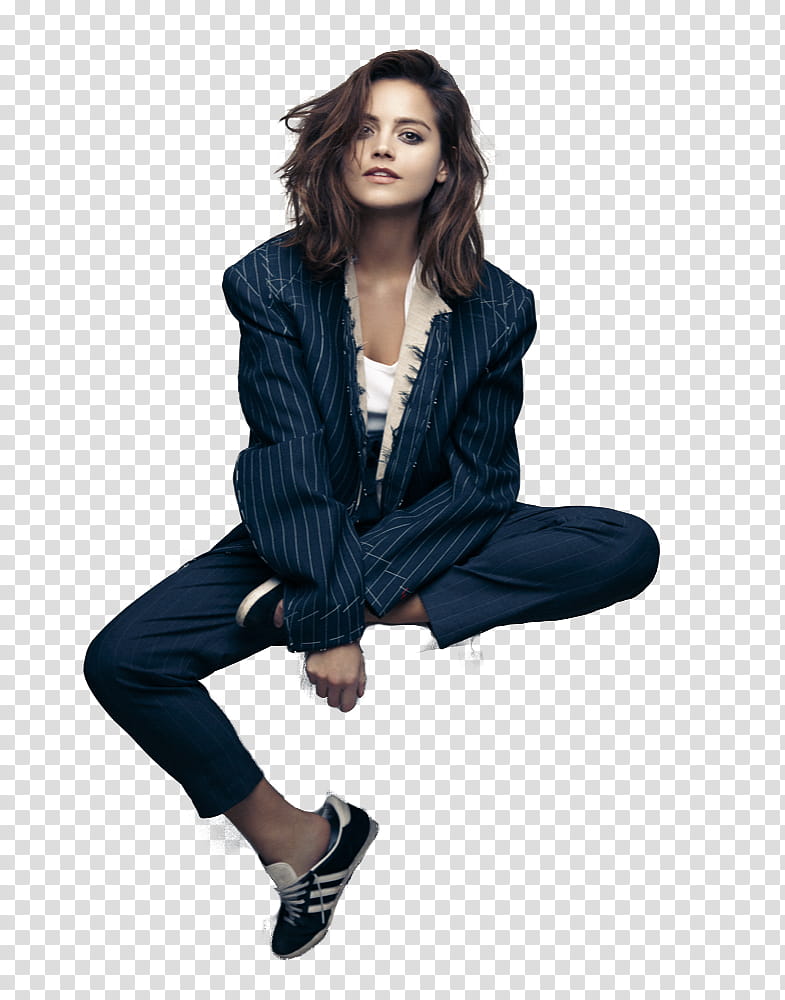 Jenna Coleman, woman in blue top sitting transparent background PNG clipart