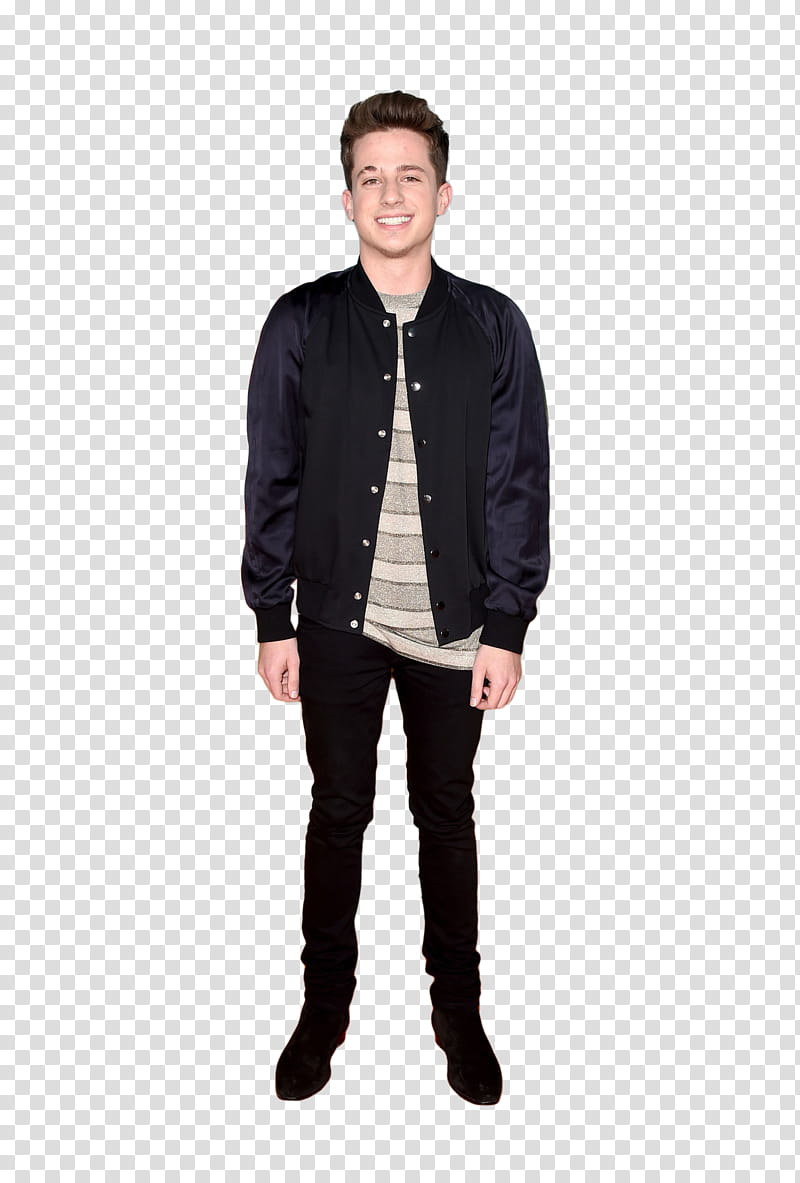 Charlie Puth, smiling man in black jacket standing transparent background PNG clipart