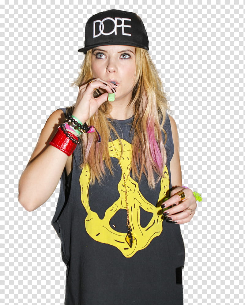 Ashley Benson, woman in gray tank top wearing black Dope snapback cap transparent background PNG clipart