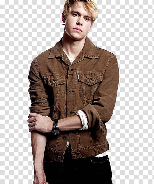 Chord Overstreet, men's brown leather zip-up jacket transparent background PNG clipart