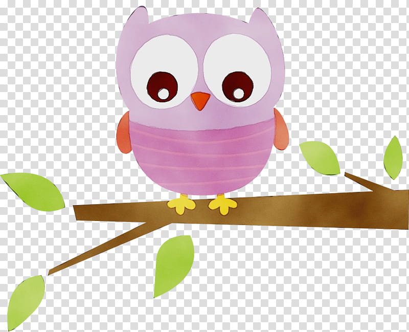 owl cartoon branch bird of prey, Watercolor, Paint, Wet Ink, Pink, Purple, Violet transparent background PNG clipart