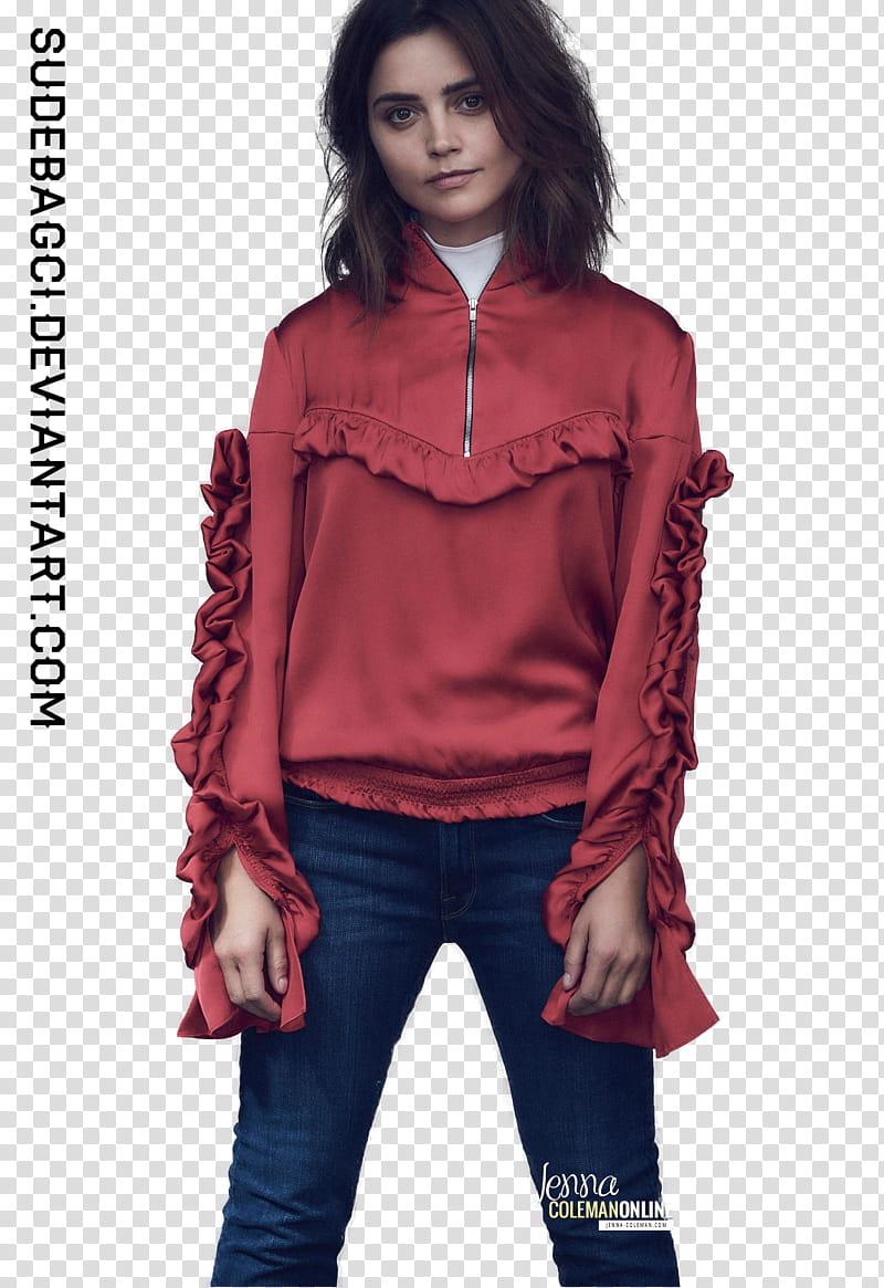 Jenna Coleman, woman wearing red long-sleeved top smiling transparent background PNG clipart