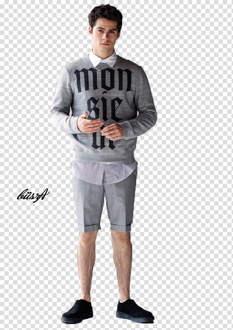 Dylan O Brien, standing Dylan O'brien wearing gray long-sleeved shirt and shorts transparent background PNG clipart