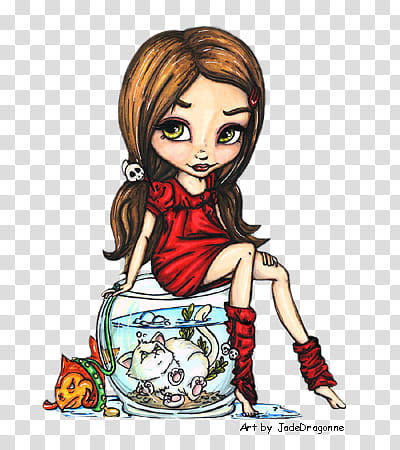 Improvised Catfish, sitting woman in red dress sitting on fish bowl with cat illustration transparent background PNG clipart