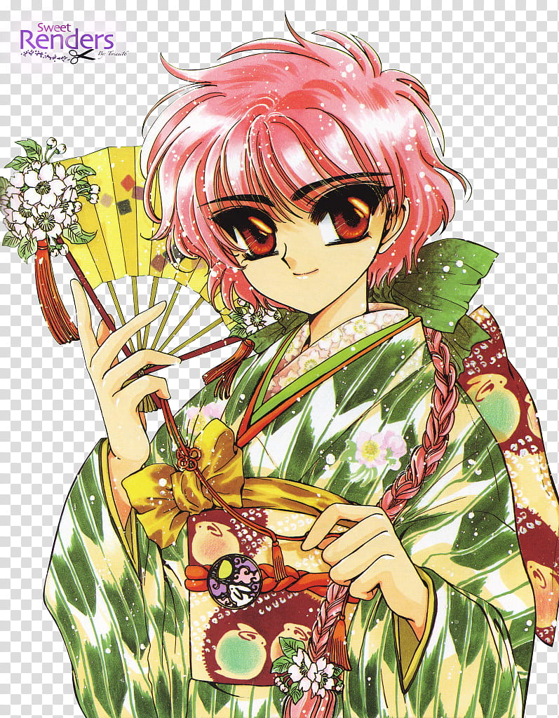 Hikaru, pink-haired woman wearing green and white floral kimono illustration transparent background PNG clipart