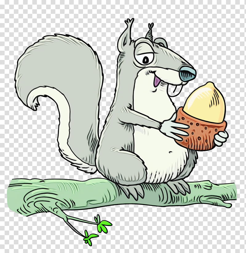 cartoon squirrel rat tail grey squirrel, Acorns, Watercolor, Paint, Wet Ink, Cartoon, Grass transparent background PNG clipart