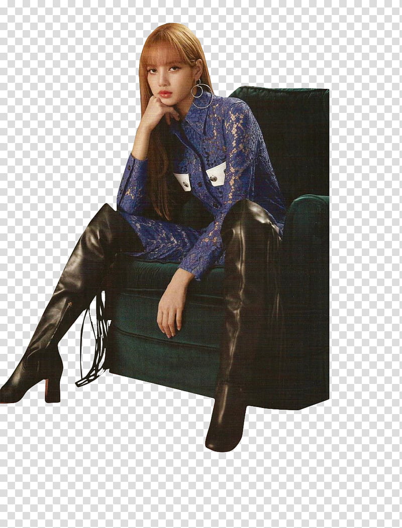 BLACKPINK COSMOPOLITAN, woman in blue dress shirt wearing pair of black leather knee high boots sitting on chair transparent background PNG clipart