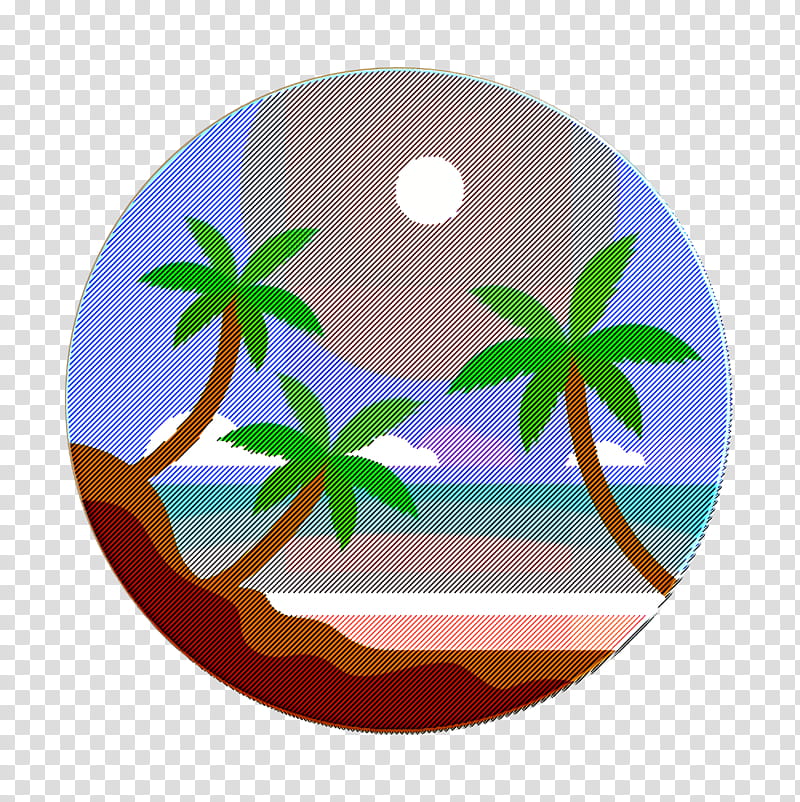 Landscapes icon Beach icon, Green, Leaf, Branch, Tree, Plant, Plate, Circle transparent background PNG clipart