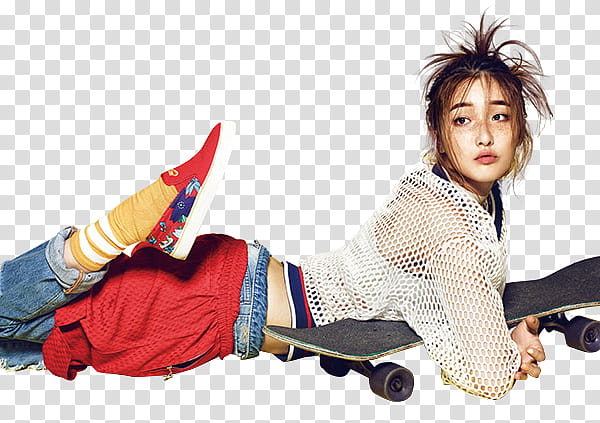 minute Nam Ji Hyun Celebrity P, woman lying while holding black skateboard transparent background PNG clipart