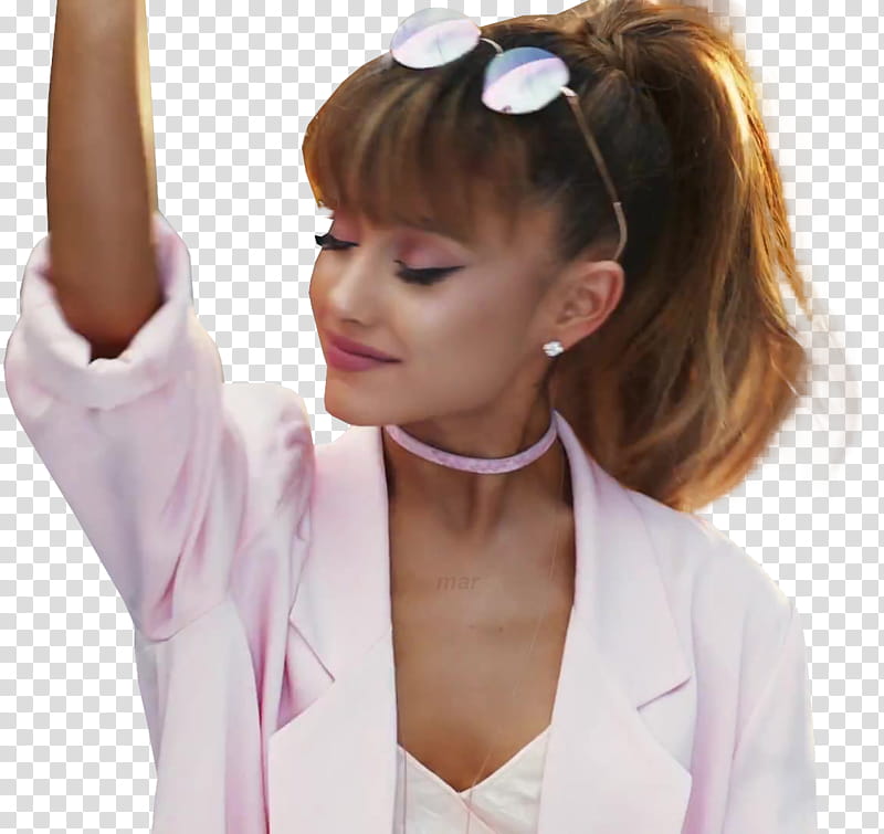 Ariana Grande, Ariana Grande raising right hand with eyes close transparent background PNG clipart
