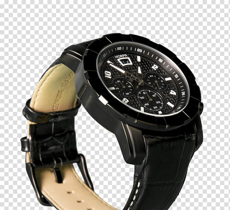 Black watch , round black chronograph watch with black leather strap transparent background PNG clipart