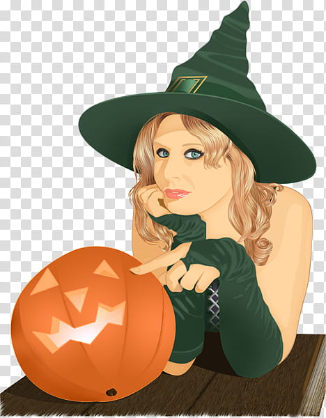 Green witch, woman near pumpkin illustration transparent background PNG clipart