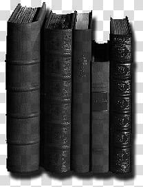 Old Books, five black labeled books transparent background PNG clipart