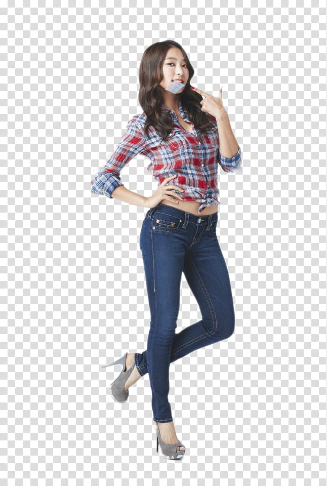 Bora SISTAR , woman wearing red, blue, and white front-tie button-up collared long-sleeved shirt in standing position transparent background PNG clipart