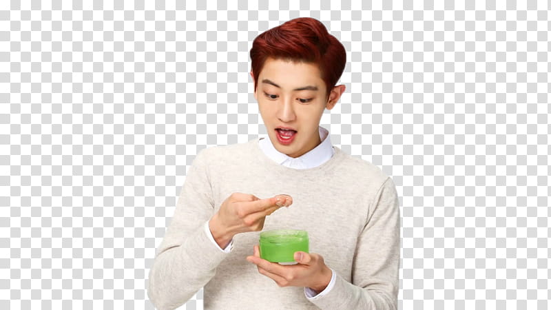 CHANYEOL EXO K CUT, man holding green plastic cream jar transparent background PNG clipart