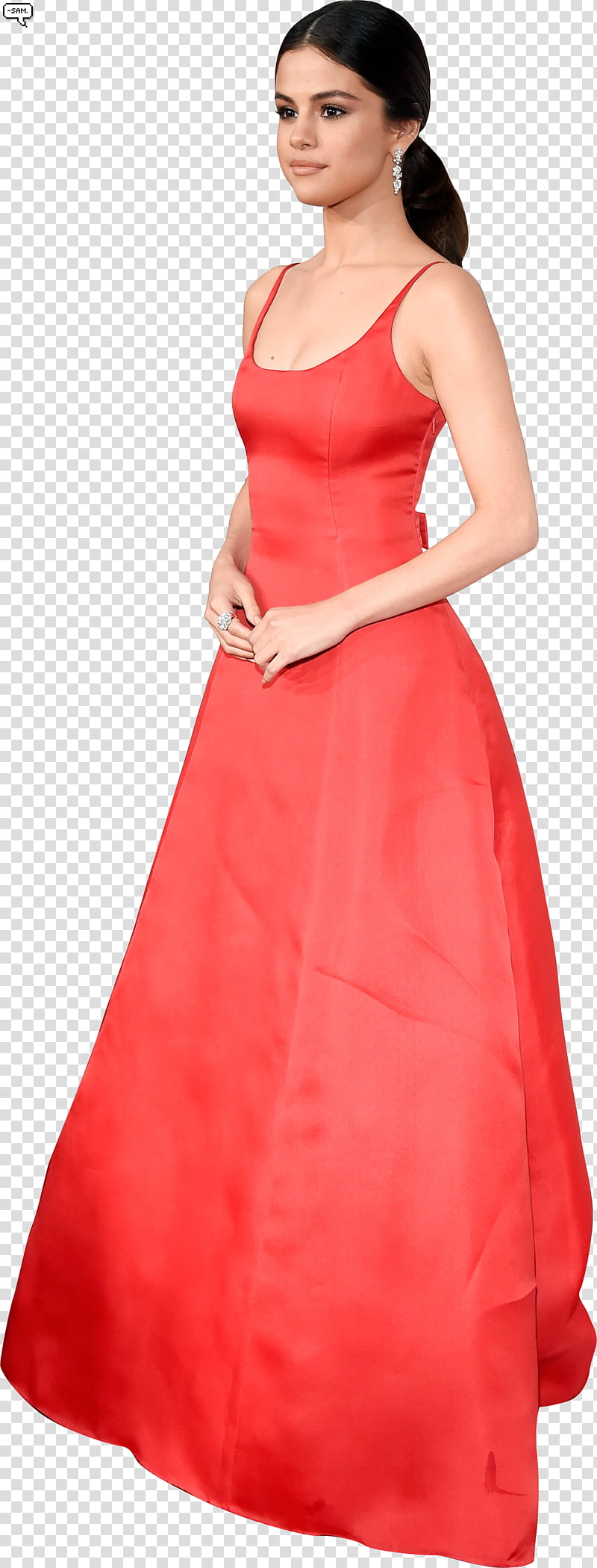 Selena Gomez, woman in red maxi dress transparent background PNG clipart