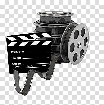 film, black clapper board and movie reels transparent background PNG clipart