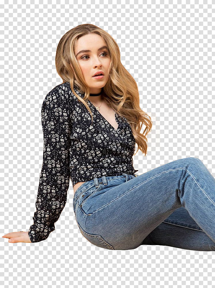 Sabrina Carpenter, woman sitting in black floral shirt and blue denim jeans transparent background PNG clipart