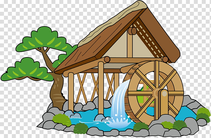 Drawing Tree, Watermill, Water Wheel, Windmill, Hut, Water Well, House, Cottage transparent background PNG clipart