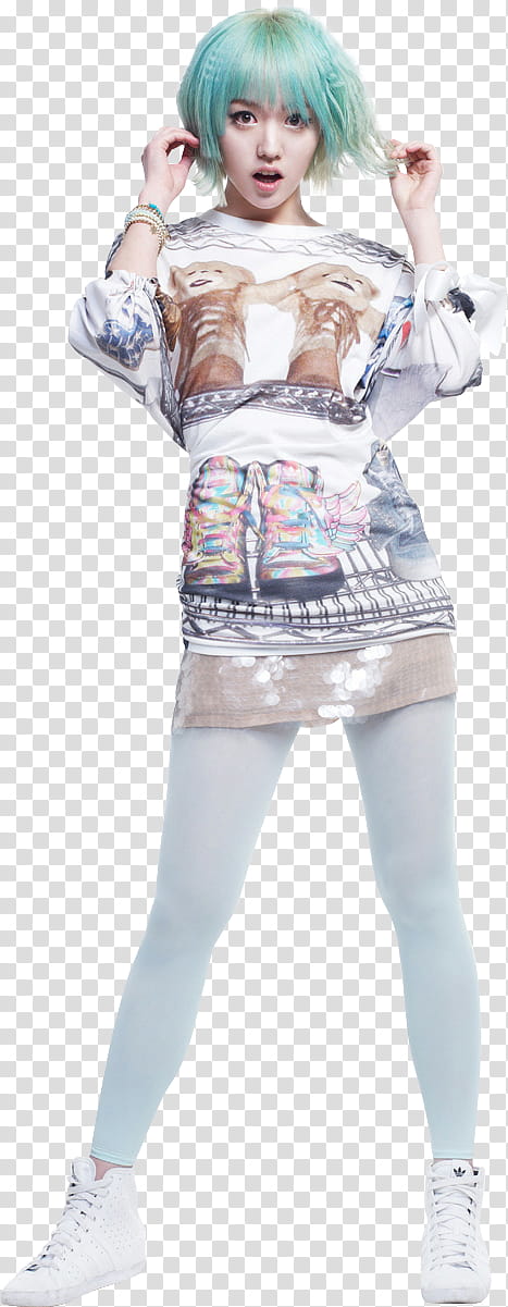 Lime Hello Venus, woman wearing white and multicolored shirt and white sneakers transparent background PNG clipart