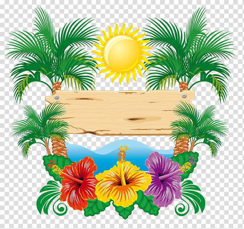 Kawaii Summer Render , assorted-color hibiscus flowers and coconut trees illustrations transparent background PNG clipart