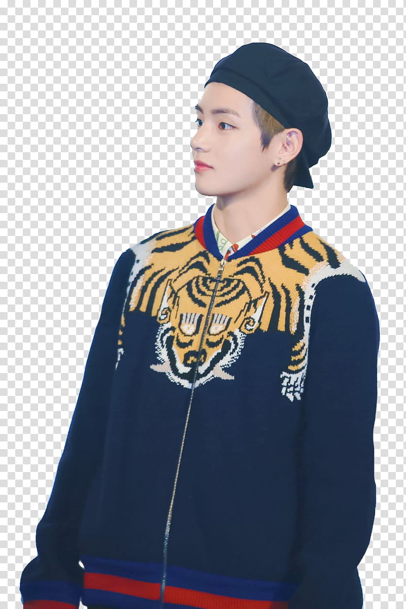 Taehyung V BTS, man wearing black and orange tiger print zip-up jacket transparent background PNG clipart