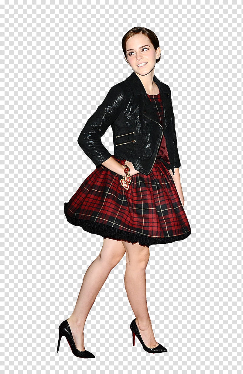 Emma Watson, walking Emma Watson wearing leather jacket and minidress transparent background PNG clipart