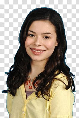 Miranda Cosgrove wearing yellow jacket smiling transparent background PNG clipart